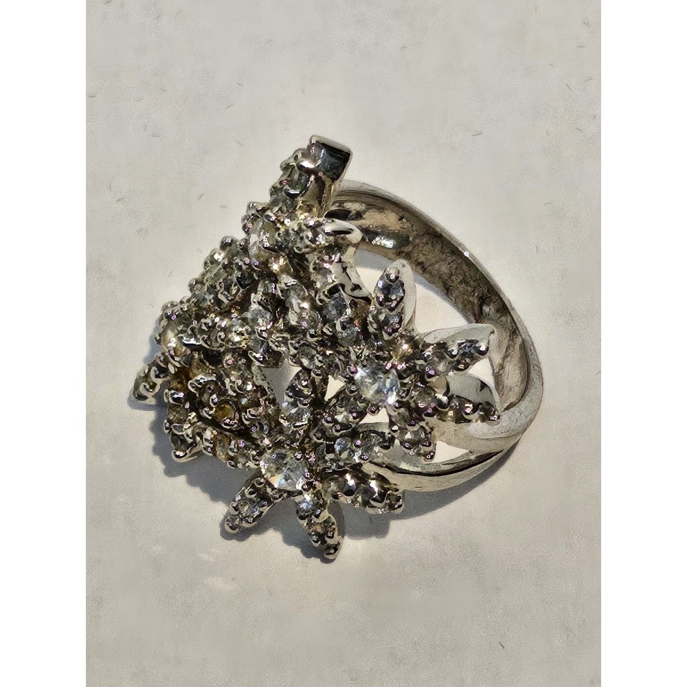 Vintage 925 Sterling Silver Cubic Zirconia Cluster Floral Statement Ring Size 7 - Picture 5 of 10